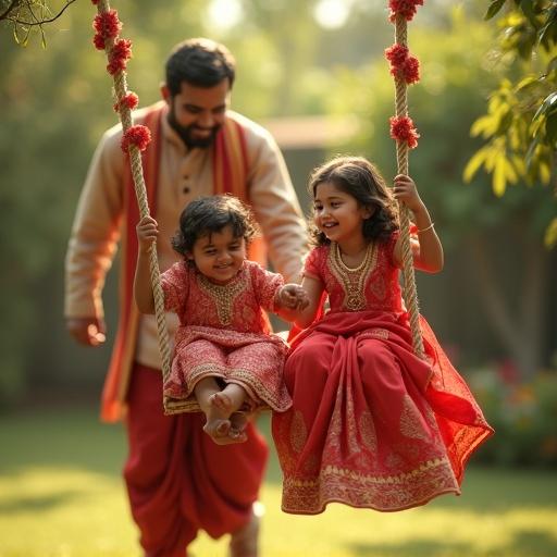 High-resolution scene of Indian children swinging. Father gently pushing. Lush garden setting. Swing made of vibrant red saree. Children laughing. Soft shadows. Traditional attire. Feeling of joy and warmth.