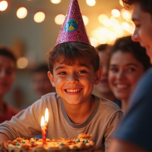 Image depicts a young boy celebrating his 17th birthday surrounded by friends with a cake and candles