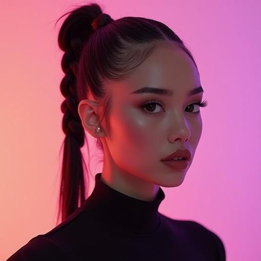 Woman with brown skin. Hair is in a braid tied back. Wears a black top. Background has triadic pastel colors. Influenced by the style of Ross Tran. Looks photorealistic. Modern aesthetic.