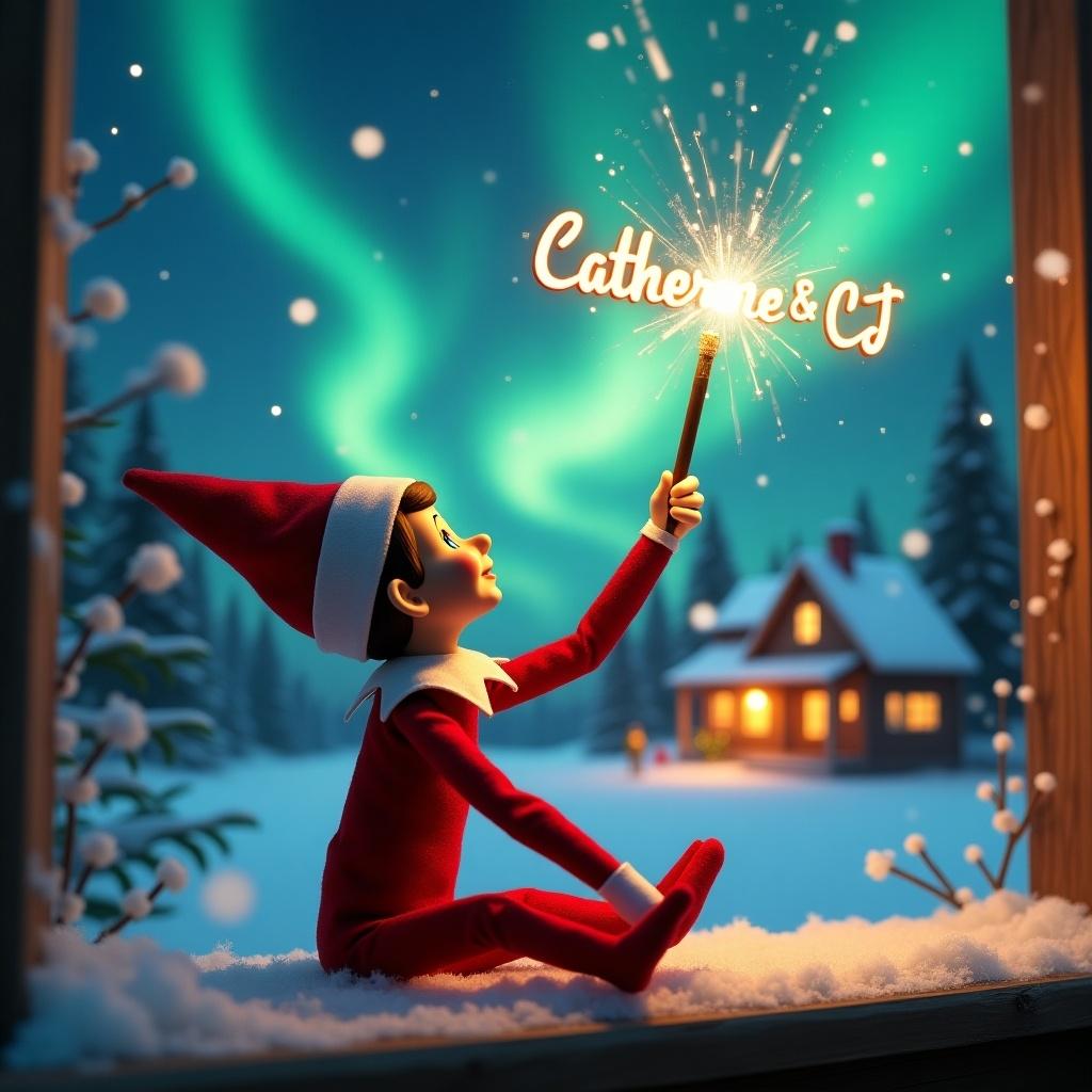 An elf on the shelf girl sits with her back to the viewer, gazing at the colorful northern lights above. She holds a glowing wand that emits sparkling light, casting a magical aura. In the background, a cozy house decorated for the holidays can be seen. The ground is covered in fluffy snow, enhancing the winter warmth. With a playful position, the elf embodies the joy and wonder of Christmas, as the name 'Catherine & CJ' sparkles in the air, adding to the festive cheer.