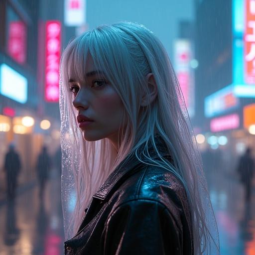A beautiful woman has alabaster skin and silver blonde hair. She stands in a futuristic cyberpunk city. Neon lights glow around her. Rain falls on a transparent plastic wrap covering her. The scene is cinematic and high in detail. The perspective is low.