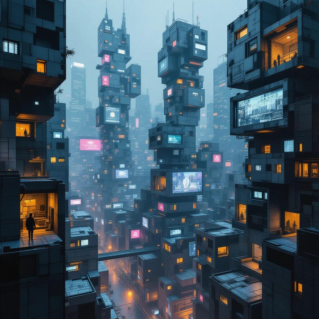 Dystopian cyberpunk cityscape features grey cardboard textures wood boards thermocol brutalist buildings in geometric shapes tall apartment structures silver windows glass panels night atmosphere hyperrealistic appearance