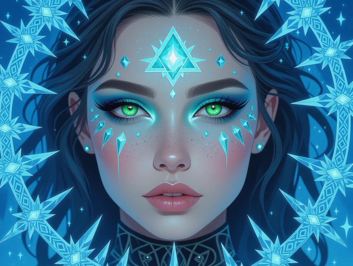 Bright surrealism art with a close portrait of a young female in a mirror maze. Her skin beams with arctic frost rays, and she has glowing green eyes and a blue triangle eye. Pale skin with embedded purple gems and silver hair. Bold colors and deep runes visible on her face.