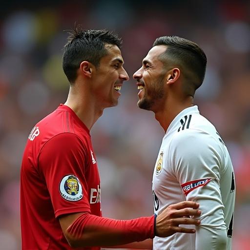 Two famous football players smiling at each other during a match.