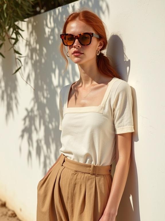 A model with long red hair loosely tied. She wears a cream top and beige skirt. She stands against a white wall with olive tree shadows. Accessories include tortoiseshell sunglasses and gold hoop earrings. Scene feels like a Mediterranean summer.