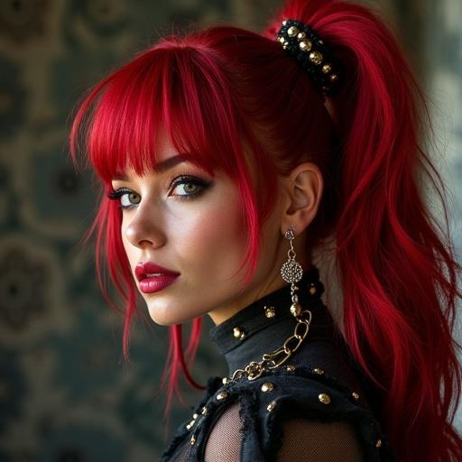 Rockstar woman with bright red hair styled in a ponytail. Glamorous makeup features bold red lips. Wears a black leather outfit with gold details. Jewelry includes earrings and hair accessories. Background slightly blurred for emphasis on subject.