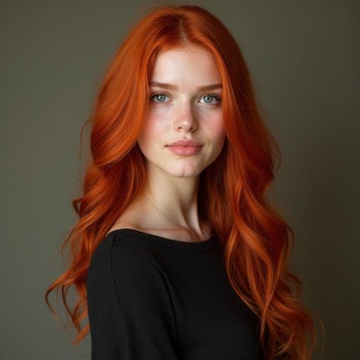 A portrait of a girl with long red hair, looking directly at the camera. She has a natural and soft expression. The background is neutral in color.
