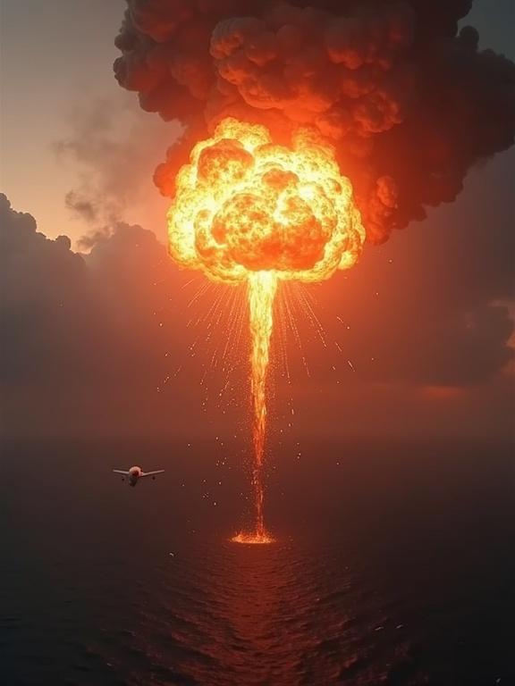 Wide shot features a passenger airplane caught in an explosion. Massive fireball illuminates dark clouds. Ocean below reflects the fiery light. Debris falls from the sky. Scene is shot with a cinematic and photorealistic style.