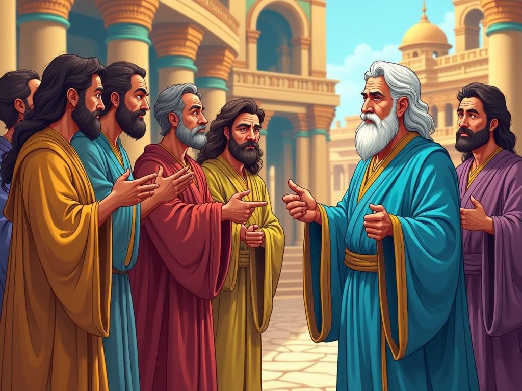 In ancient biblical times, in Babylon, a cunning cartoon illustration captures a vibrant scene. A group of middle-aged men stands in the foreground, their exaggerated sneaky and cunning facial expressions visible. They are dressed in royal robes of various colors, whispering and pointing towards the old man Daniel, who wears a simple, peaceful light blue robe, exuding confidence. The background showcases a colorful and grand palace, filled with intricate designs and details. Daniel, depicted in the uploaded image, seems unfazed by the attention from the crafty men, embodying a calm demeanor amid the chaos around him.