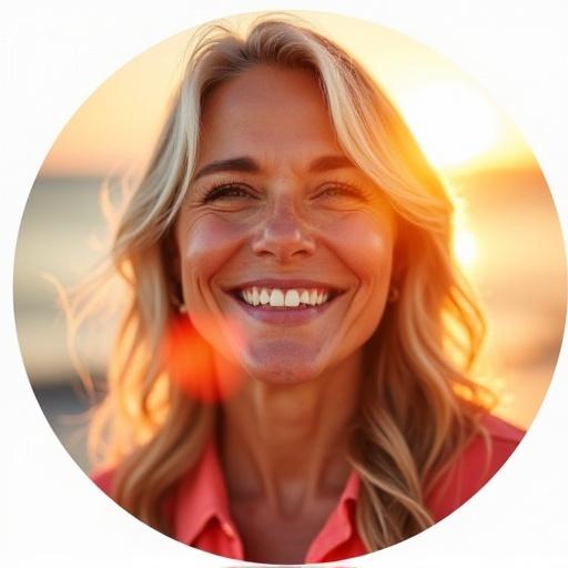Close-up of a smiling woman in her 50s with a radiant glow. Warm colors like coral and gold dominate the image. Background features subtle light flares to symbolize energy. Circular composition reflects midlife empowerment.