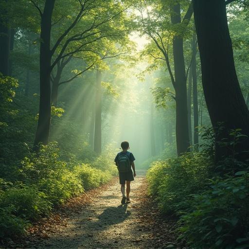 Forest setting with a child walking along a path surrounded by tall trees and sunlight streaming through the foliage. Emphasis on educational possibilities in nature.