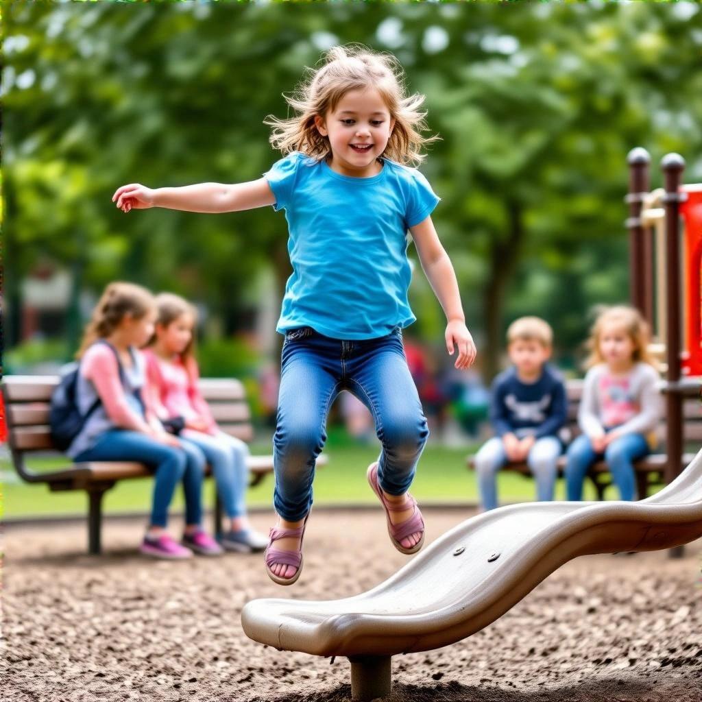 A young girl in a blue shirt jumps off playground structure. Other children sit on bench in background.