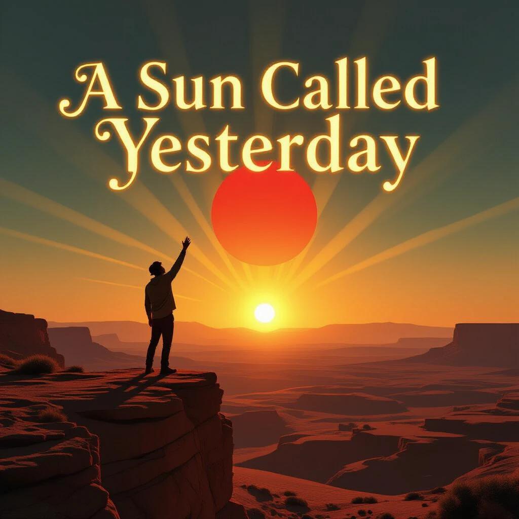A movie poster titled A SUN CALLED YESTERDAY. Title has golden cursive serif style glowing like rays. Depicts a character on a desert cliff reaching for a red sun setting on the horizon. Low-angled lighting creates intense shadow contrast. Grainy cinematic texture. 8K quality.