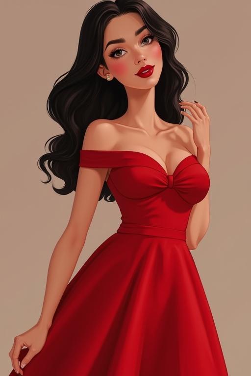 Draw an attractive girl in a stunning red dress. The dress has an off-shoulder design and a fitted bodice that flares out. Focus on body proportions like a slim waist with big breasts and butt. Include features like a harmonious jawline and soft cheeks. Create big eyes and plump lips with soft silky hair that falls elegantly. The skin should appear fair and flawless.