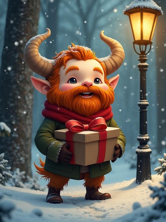 Chubby hairy satyr with ginger hair and beard. Wearing a red scarf. Holding a present. Standing in snowy woods by Victorian street lamp. Festive atmosphere.