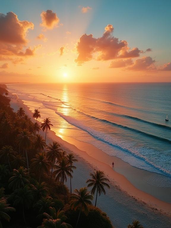 A tranquil beach at sunset viewed from above. Golden hues reflect on gentle waves. Silhouette palm trees outline the shore. A distant sailboat glides across the water. Sky transitions from vibrant orange to deep blue with scattered clouds.