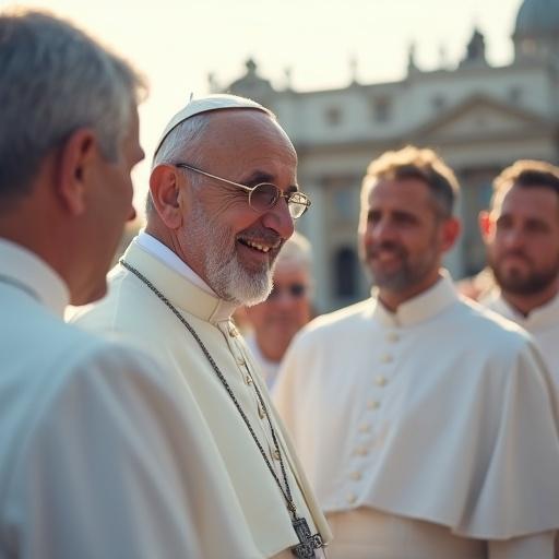 Image of men in white attire smiling resembling a Pope. Vatican City setting with St. Peter's Basilica in the background. Bright iridescent white smoke can be seen. Warm golden hour landscape creating a welcoming atmosphere.
