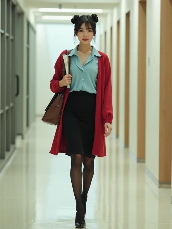 Full-body image of a young East Asian female agent walking through corridors. She wears a sky-blue blouse and black skirt. A cherry-red cardigan is worn over the blouse. She has black pantyhose and black heels. Hair is neatly bunned with a white flower clip. Dossier in one hand and a brown satchel over the shoulder. Modern office corridors in the background.