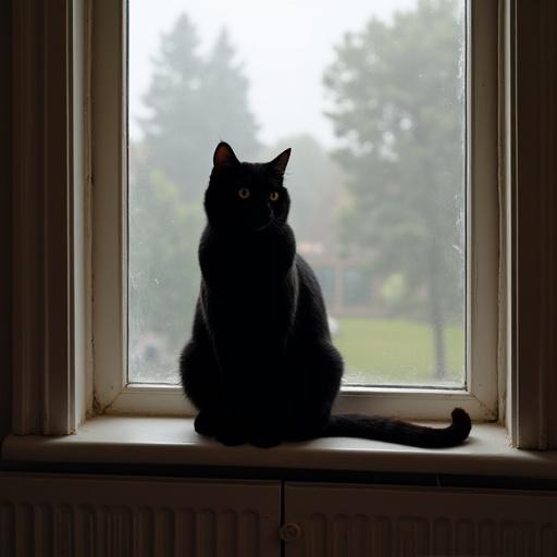 Image of a black cat sitting on a windowsill with a soft and tranquil atmosphere. Natural light illuminates the scene from outside, highlighting the cat's silhouette against the window.