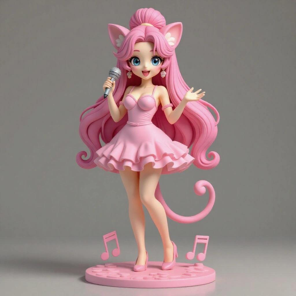 Adult female figure with stylized body and natural face. Long pink hair styled in high bun. Short pastel pink dress with ruffles. Rounded ears and pink tail. Holds microphone. Excited expression while singing. Stands on base with musical notes. Designed for 3D resin printing.
