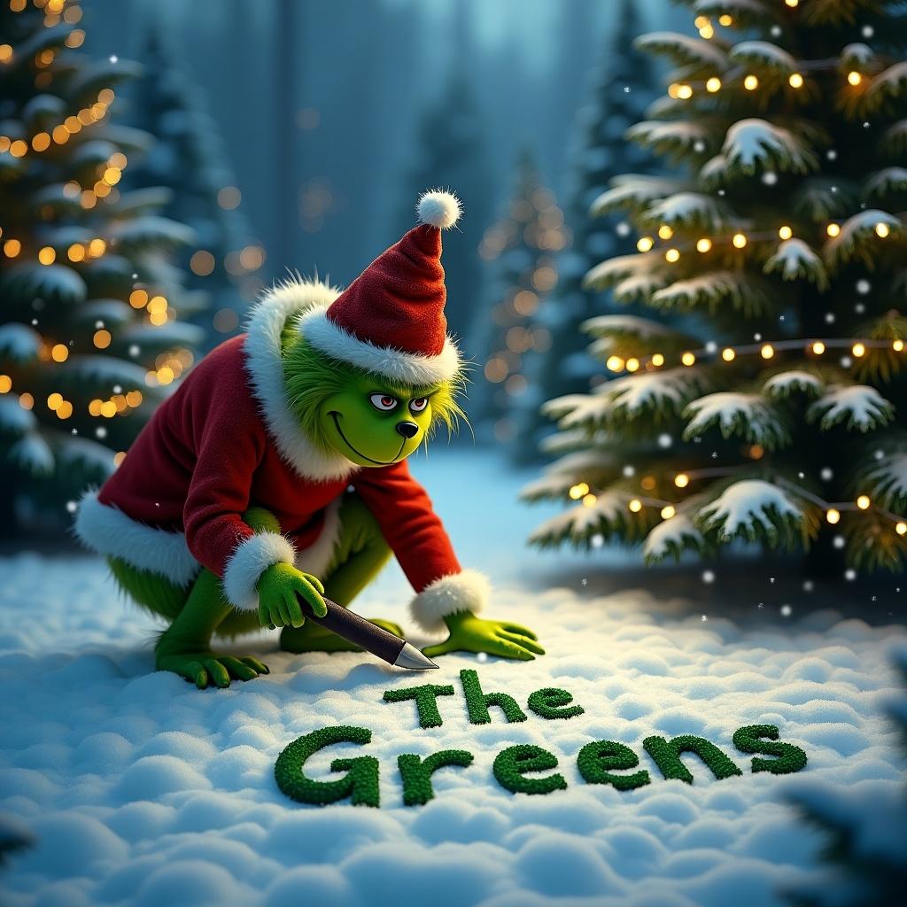 The Grinch writes 'The Greens' in the snow. Christmas trees with twinkling lights surround the scene. Snow covers the ground.