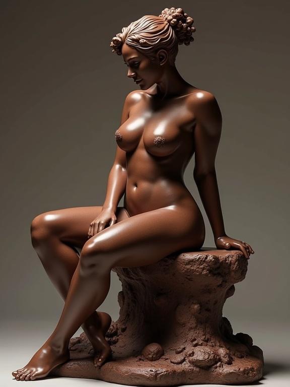 3D elaborate chocolate statuette featuring a woman's body in a posing position on a bench