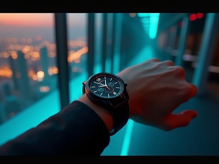 A wrist wearing a luxury watch with a black strap. The background has a blurred view of a city skyline at dusk with neon blue lighting. The focus is on the watch while the wrist rotates slightly.