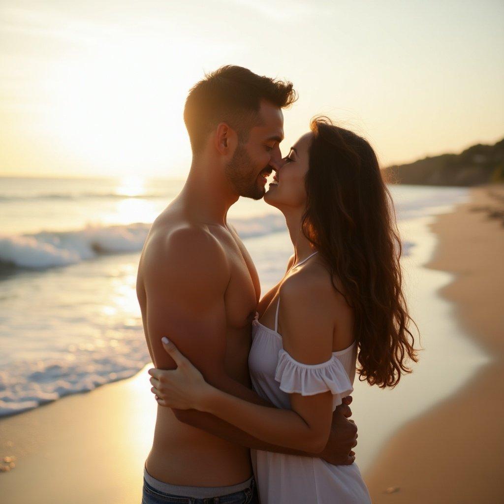 A woman hugging her lover by the beach during sunset. The ocean waves gently crash against the sandy shore. They share a moment of intimacy and closeness against the backdrop of a vibrant sunset.