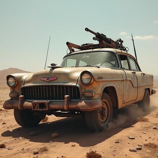 Post apocalyptic survivor car with weapons attached. Vintage car in a desert setting. Rusty exterior with harsh light. Weapons mounted on the roof.