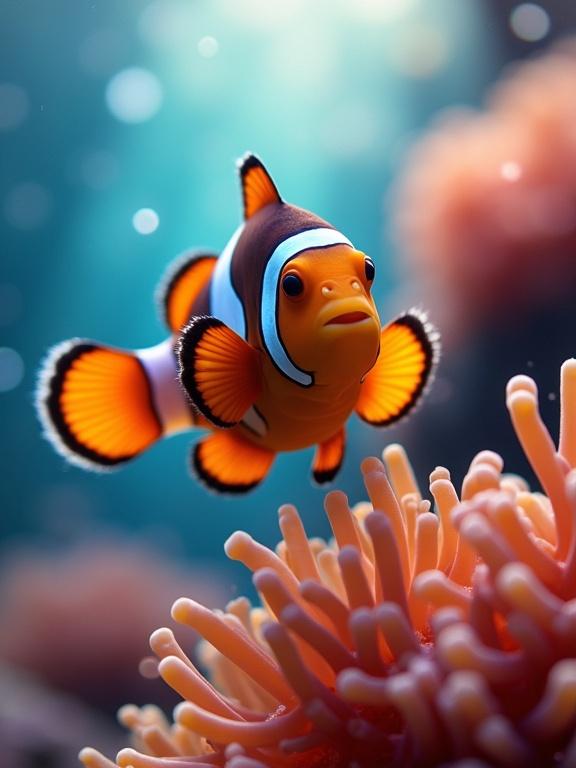 Clownfish swimming among colorful sea anemones with sunlight filtering down. Close-up of a vibrant underwater scene showing detailed textures and colors.
