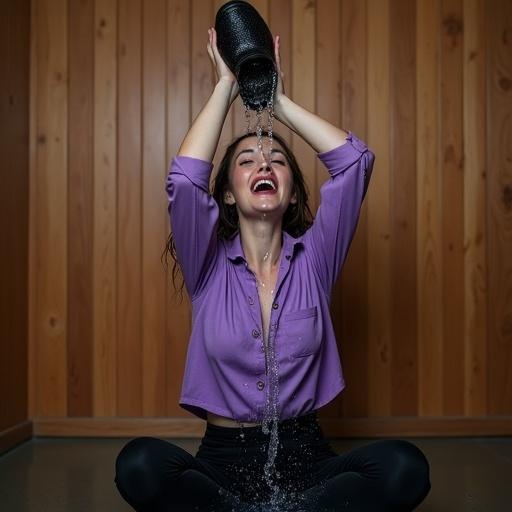 Photography of a woman seated with arms raised. She wears a water-soaked purple shirt with buttons and black trousers. Water drips off her clothes. She pours water from a shoe above her head. Her expression shows exhilaration. The wooden wall provides a backdrop. The image captures an energetic moment with a playful atmosphere.