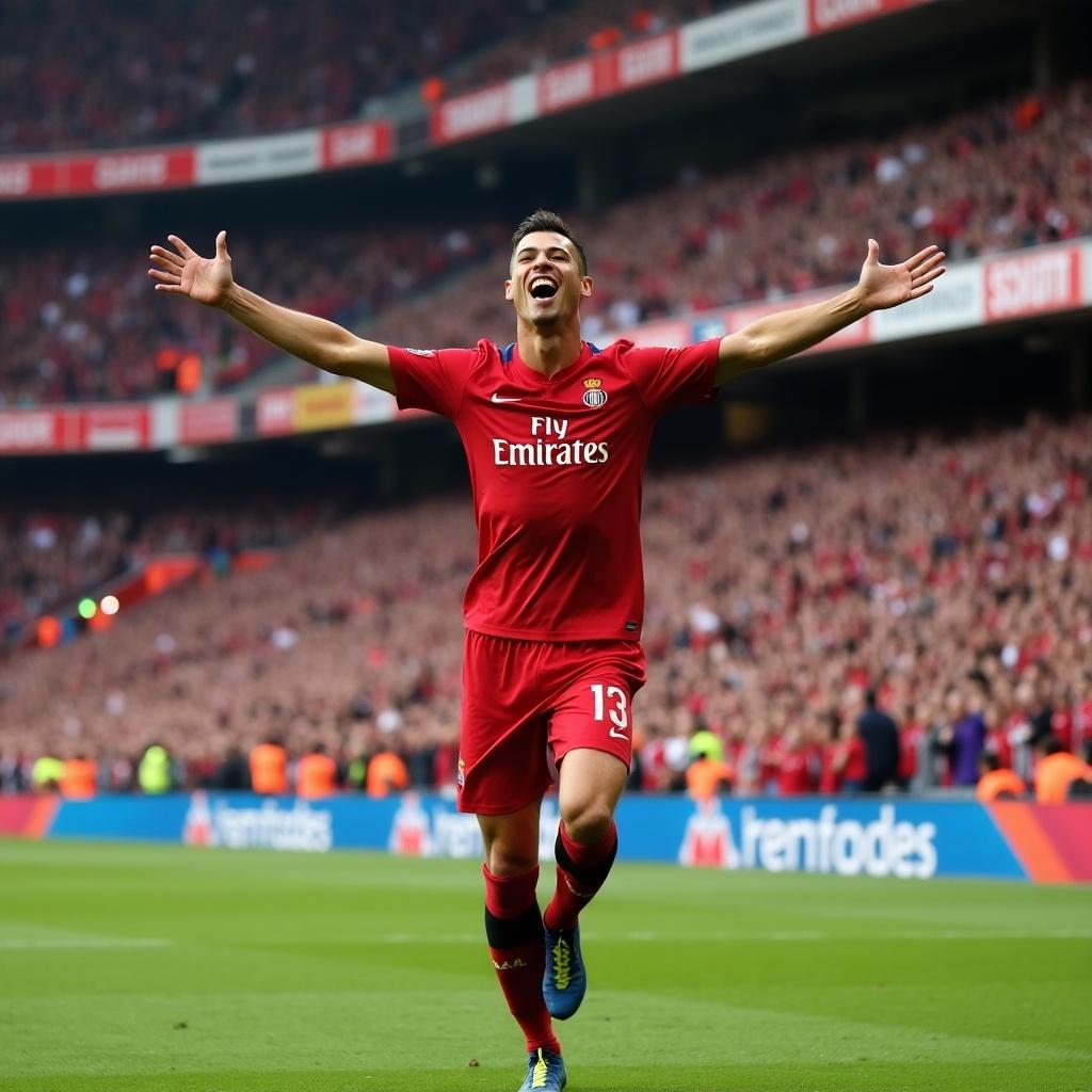 A soccer player celebrating victory on the field. The player is smiling and extending arms out. The background is a crowd of fans cheering. The atmosphere is lively and energetic.