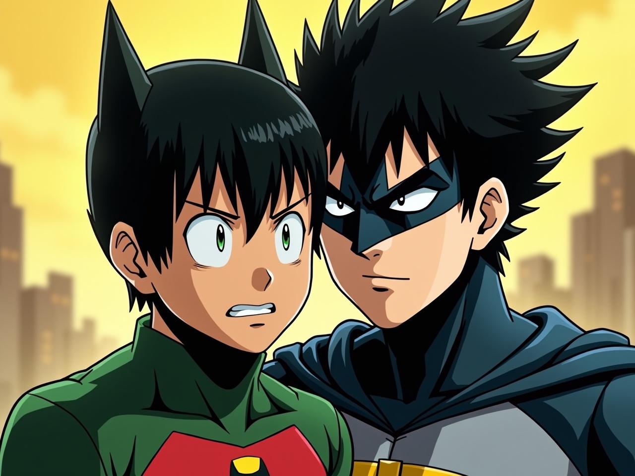 Anime-style drawing of two superhero characters, one wearing a green suit with black hair styled to resemble cat ears, and the other in a blue suit with a black mask, standing against a cityscape background at sunset.