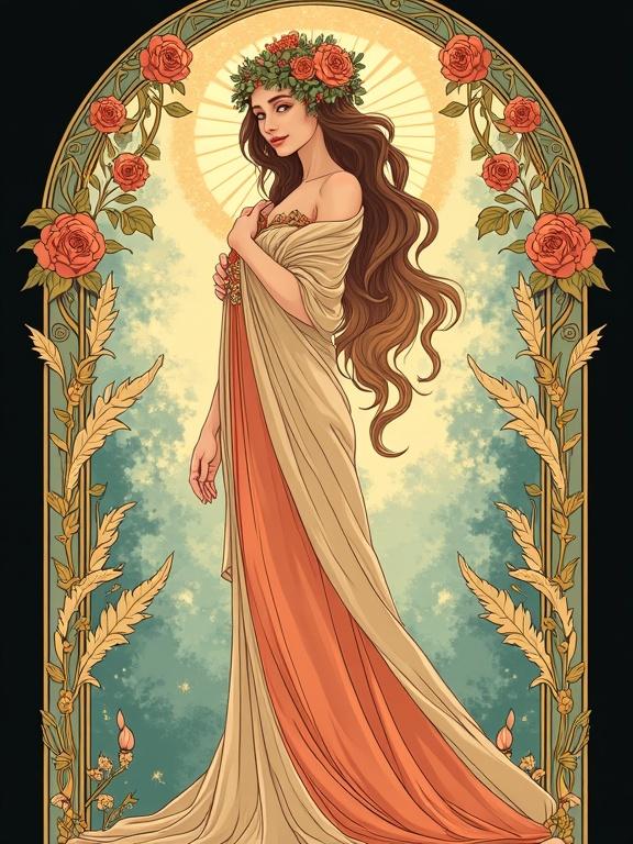 A semi-realistic vibrant Art Nouveau female figure shown from the waist up. Standing before a tall arched window framed with decorative vines. Hands softly hidden beneath an embroidered shawl. Long flowing hair cascading in waves adorned with a floral crown of roses and ivy. Gaze directed to the side with a gentle, dreamy smile. Dress and shawl feature ornate folds and motifs, outlined with bold lines. Background includes ornamental curves, star-like florals, and symmetrical drapery. Color palette includes soft gold and light orange.