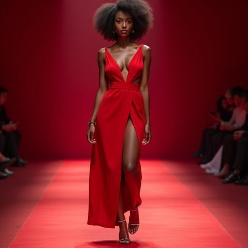 Hyper detailed photographic image of a model in a high fashion red outfit on a runway at Fabrishion event