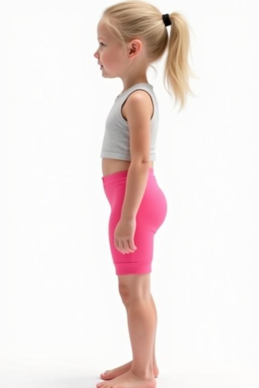 A blonde caucasian girl age 10 is standing sideways in front of a white background. She wears pink cycling shorts and a crop top. The image is photo realistic with high resolution.