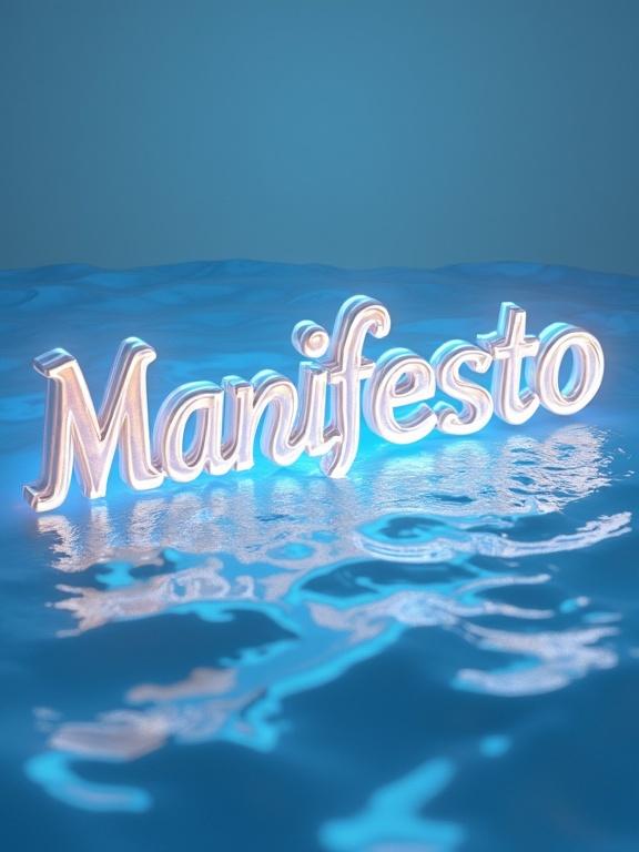 Digital art showcasing the word 'Manifesto' in glossy porcelain letters. Background features a gradient of pearlescent and cyber-blue waves. Emphasis on electric light and textural details. Composition includes a wide-angle perspective, suggesting motion and depth.