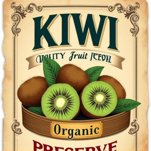 Vintage-style fruit preserve label featuring kiwis. Aged parchment background with decorative borders. Bold dark green text reads 'KIWI.' Navy blue letters say 'QUALITY FRUIT PRESERVE.' Right side has the word 'Organic' in black script. Central illustration shows a wooden crate with sliced kiwis and whole fuzzy kiwis. Bottom has 'PRESERVE' in bold red letters inside a golden banner.