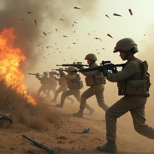 A dramatic scene of children in combat. Twenty four children engage alongside various military equipment. They are equipped with M16 rifles and machine guns. Terrorists are visible with fatalities on one side. Trailers are burning. A fierce battle is captured with bullets flying around.