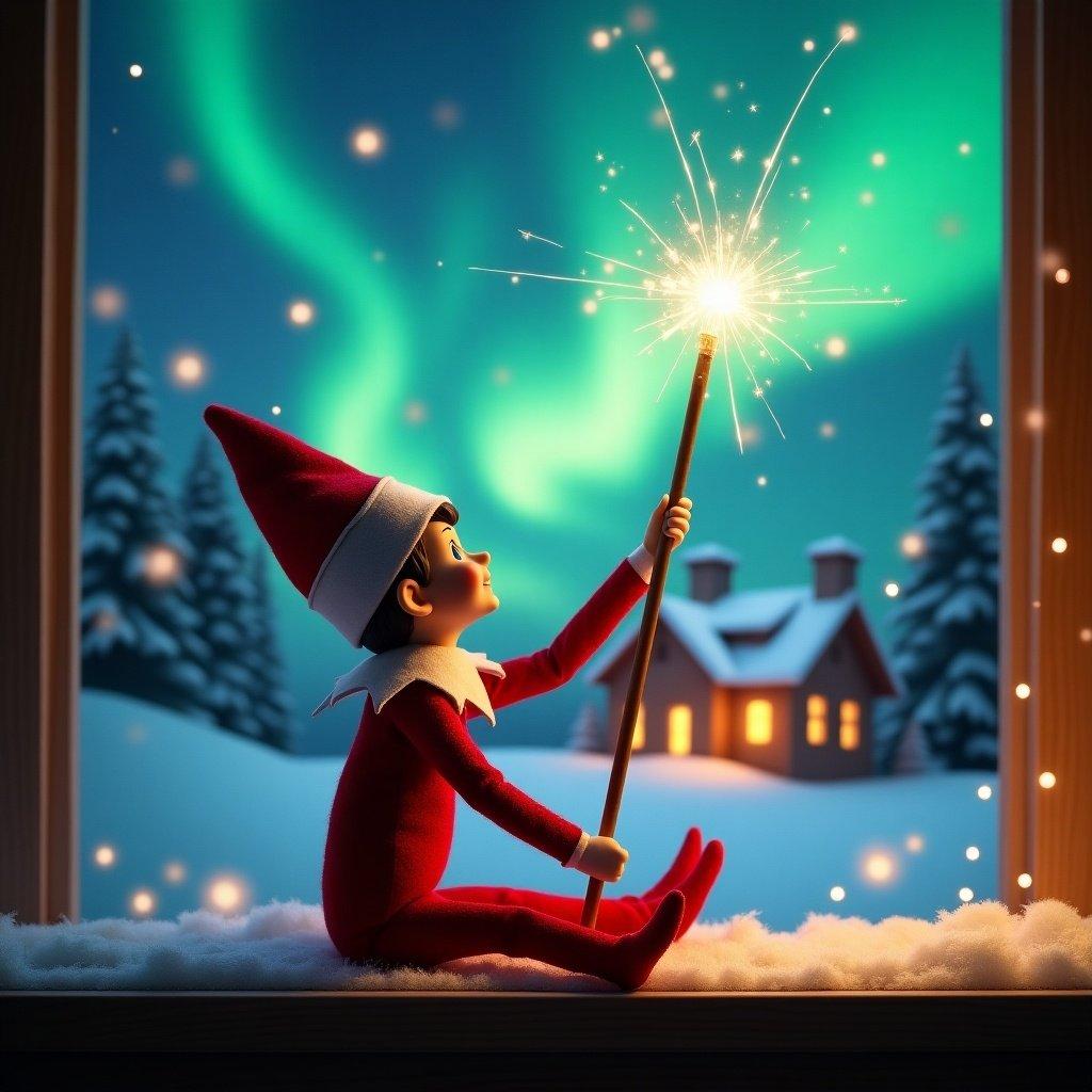 An elf on the shelf sits gazing skyward. The elf holds a glowing wand. Colorful northern lights shine in the background. A cozy house is visible. Snow covers the ground. The elf represents the magic of Christmas. Names appear in the air from the wand.