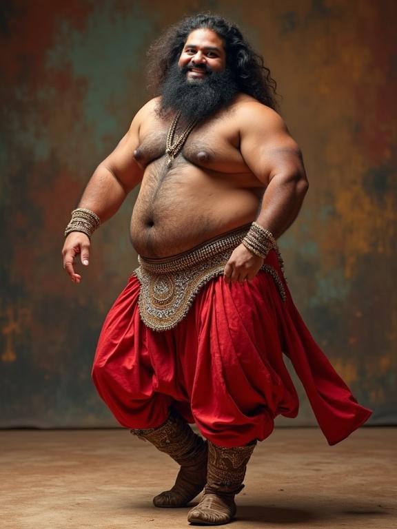 Large chubby but muscular hairy bearded Indian man wearing fancy boots and a male belly dancing costume. He is dancing with a big smile on his face.