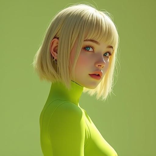 Character model of a young woman in her early twenties with ultra-high cinematic detail. She has blue-green eyes, golden-yellow blonde hair in a bob cut. The outfit is a form-fitting beige rubber suit with a translucent lime green layer. The image shows her back and shoulders at a low angle, turning her head towards the viewer. Soft sunlight enhances her silhouette against a blurred summer sky background.
