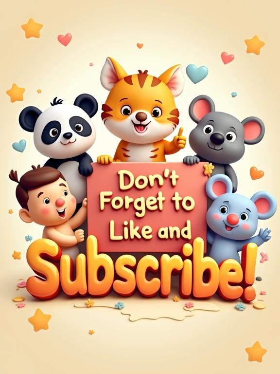 A colorful and cheerful closing screen featuring baby animals like a panda, tiger, and koala alongside smiling human babies. The animals are interacting with playful text that urges viewers to like and subscribe. A bright and happy background includes stars and hearts.