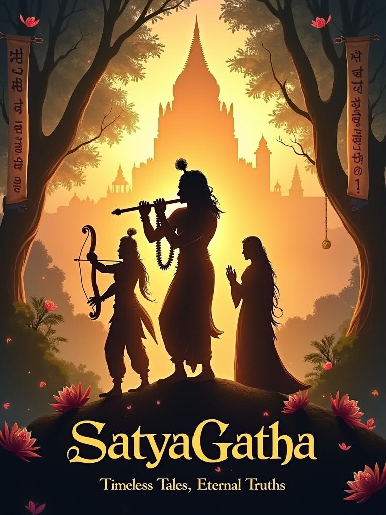 YouTube banner featuring silhouette of Lord Krishna playing flute. Arjuna draws bow on Krishna's left. Rama and Sita stand together on Krishna's right. Background contains a majestic Hindu temple with a mystical forest and hints of a battlefield. Sky shows a golden-orange sunset with rays. Partially unrolled scrolls with Sanskrit script on sides and scattered lotus flowers near figures. Text 'SatyaGatha Series' in gold-to-deep-blue gradient at top center with tagline 'Timeless Tales, Eternal Truths' below.