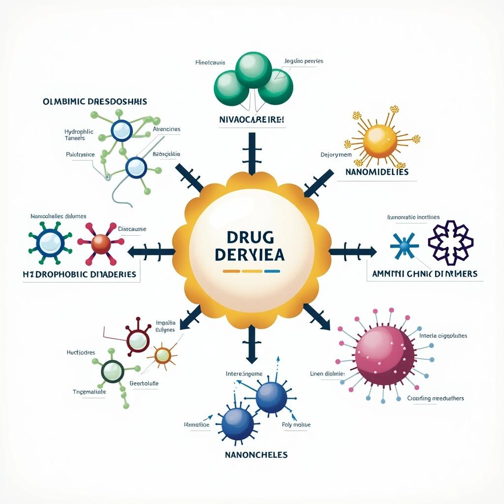 Infographic illustrating a drug delivery system based on polymeric nanosystems. Includes polymeric nanospheres, nanomicelles, nano-conjugates, hydrophilic and hydrophobic polymers, targeting moieties, imaging moieties, and amphiphilic polymers. Uses vibrant colors and a clean scientific aesthetic with labeled diagrams.