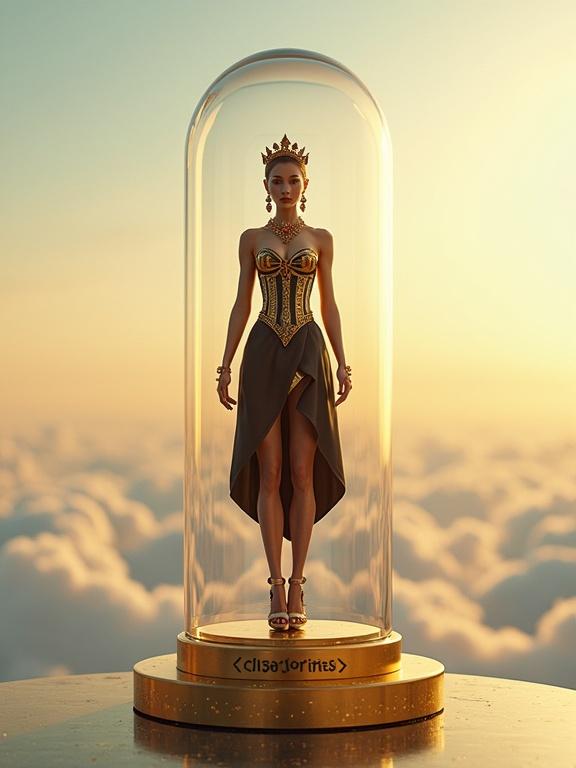 Large glass capsule floats in a cloudy sky at sunset. Inside, a woman in a black and gold corseted outfit with intricate patterns. She wears high-low skirt and metallic heels. Capsule rests on a golden podium. Scene includes soft lighting and detailed textures.