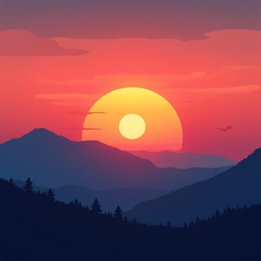 A vibrant sunset over majestic mountains. The sun is low in the sky, casting warm hues of orange and pink. Silhouetted mountains frame the scene with soft peaks. A tranquil atmosphere is evoked by the color blend and landscape.