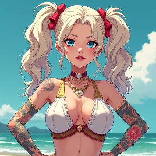 Anime character with light blonde curly pigtails. Semi futuristic look with modern streetwear. Features detailed tattoos and piercings. Bright blue eyes and pink lipstick. Muscular build with an emphasis on strength.