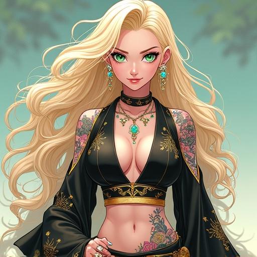 Anime woman with beautiful features. Elegant light blonde hair. Wearing Japanese martial arts outfit. Emerald green eyes and various jewelry. Displaying tattoos and muscular physique. Featured on a martial arts magazine cover. Cybernetic enhancements visible. Colorful and futuristic.