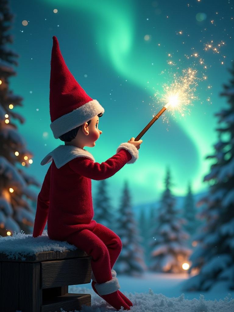 A festive elf on the shelf with his back turned. Elf wears a red outfit and hat. Elf holds a wand. Elf faces the sky. Sky has magical Christmas elements. Northern lights shine in the background. Santa Claus features subtly. Snowy landscape surrounds the elf.